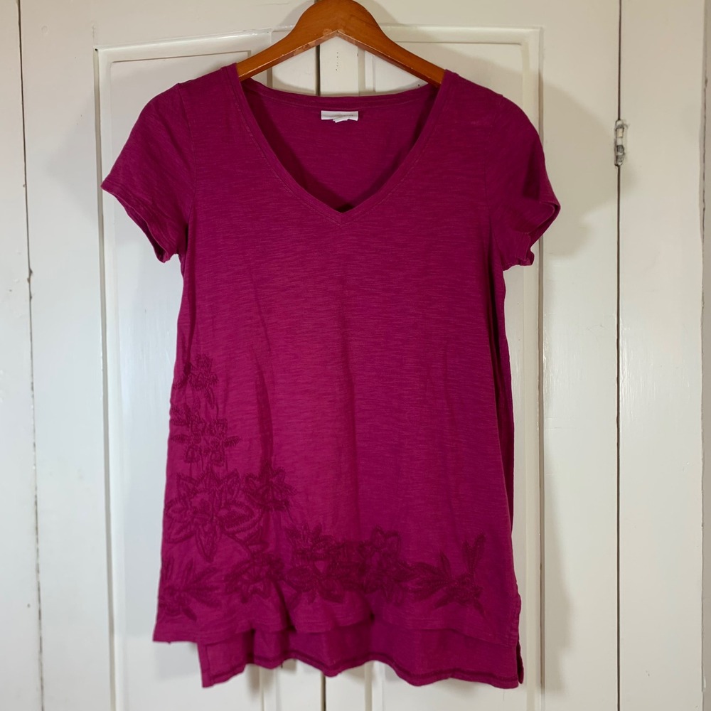 J.Jill J Jill Womens XS Berry Pink Cotton Modal V-Neck Embroidered Slub Knit Top